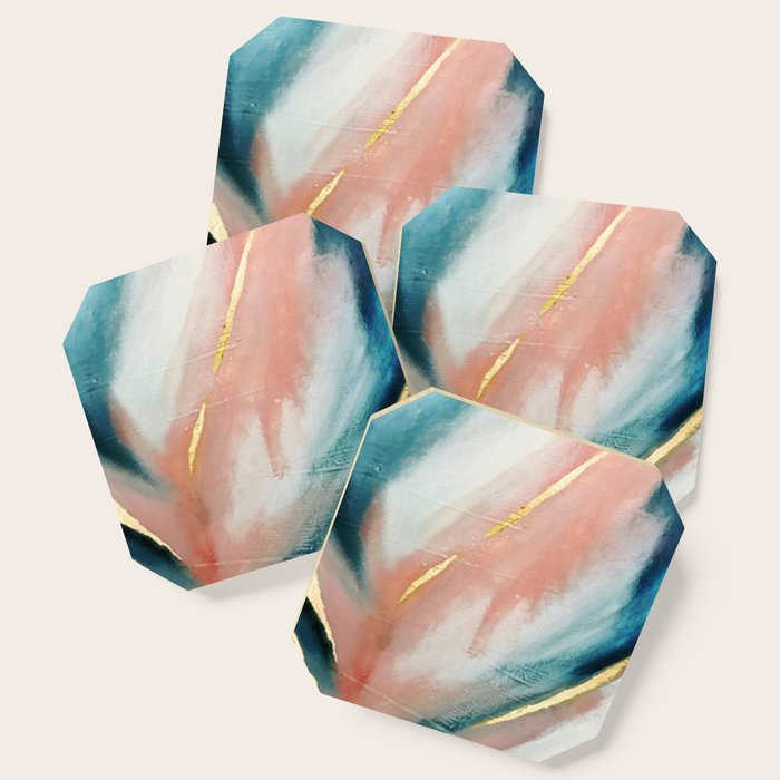 Celestial [3]: A Minimal Abstract Mixed-Media Piece In Pink, Blue, And Gold By Alyssa Hamilton Art Coaster