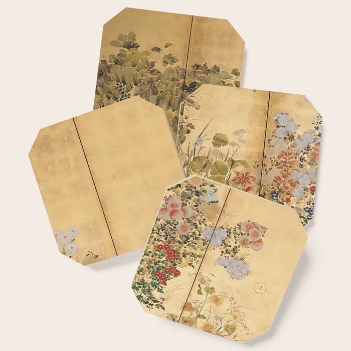 Japanese Edo Period Six-Panel Gold Leaf Screen - Spring And Autumn Flowers Coaster