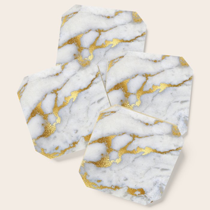 White And Gray Marble And Gold Metal Foil Glitter Effect Coaster