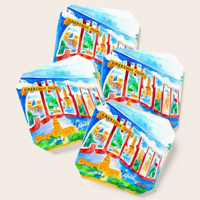 Greetings From Austin Mural Watercolor Coaster