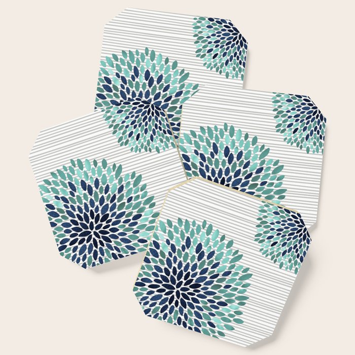 Blooms And Stripes, Aqua And Navy Coaster