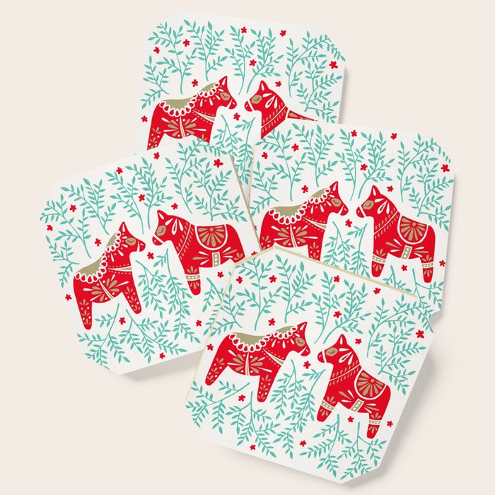 Swedish Dala Horses - Red & Mint Palette Coaster