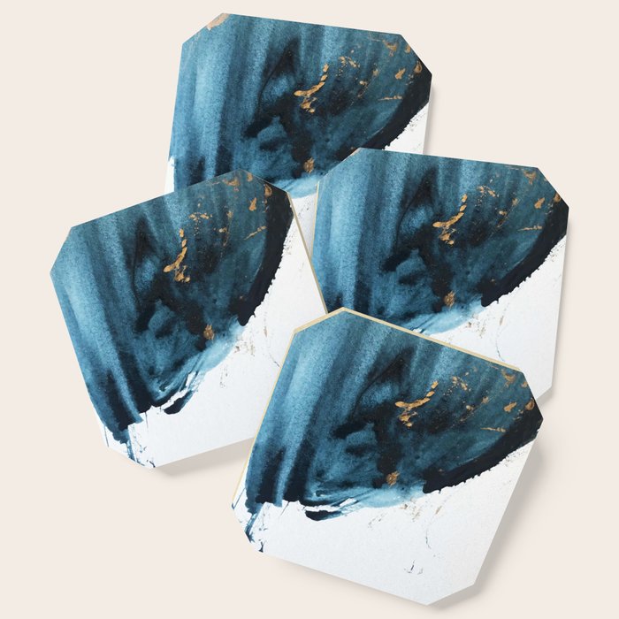 A Minimal Sapphire And Gold Abstract Piece In Blue White And Gold By Alyssa Hamilton Art  Coaster