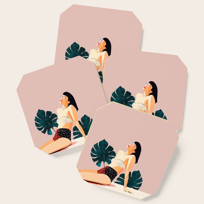 Sunday, Summer Swim Poolside Fashion, Bohemian Woman Sunbath Tan Bikini Monstera Tropical Travel Coaster