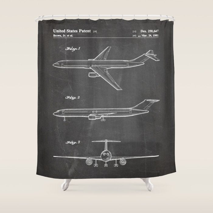 Boeing 777 Airliner Patent - 777 Airplane Art - Black Chalkboard Shower Curtain