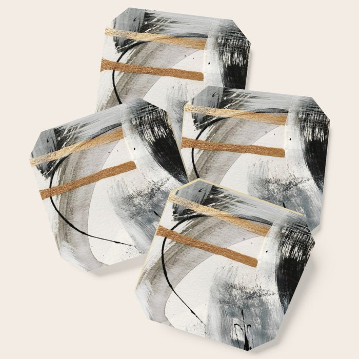 Armor [7]: A Bold Minimal Abstract Mixed Media Piece In Gold, Black And White Coaster