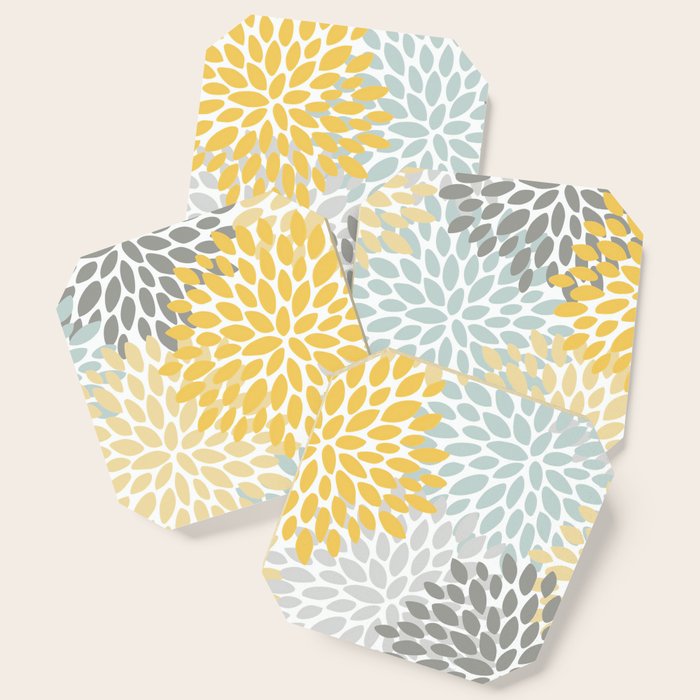 Floral Pattern, Yellow, Pale, Aqua And Gray Coaster