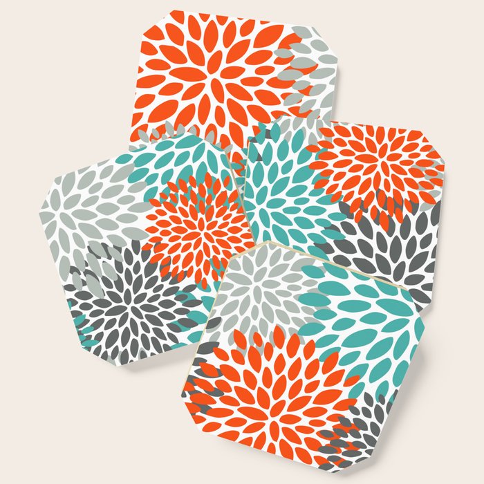 Floral Pattern, Abstract, Orange, Teal And Gray Coaster