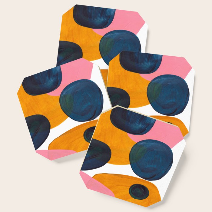 Mid Century Modern Abstract Minimalist Retro Vintage Style Pink Navy Blue Yellow Rollie Pollie Ollie Coaster