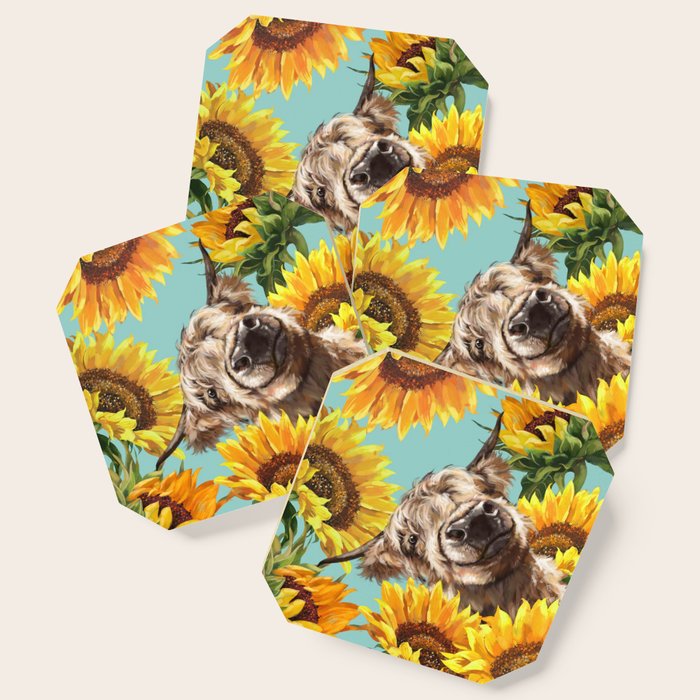 Highland Cow With Sunflowers In Blue Coaster