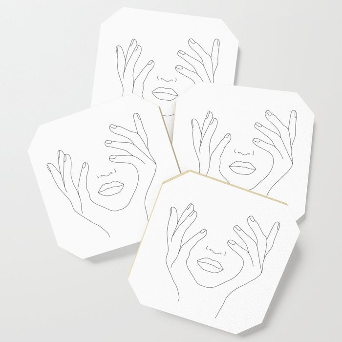 Minimal Line Art Woman With Hands On Face Coaster