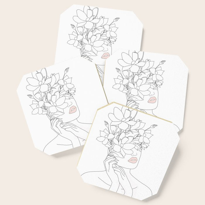Minimal Line Art Woman With Magnolia Coaster