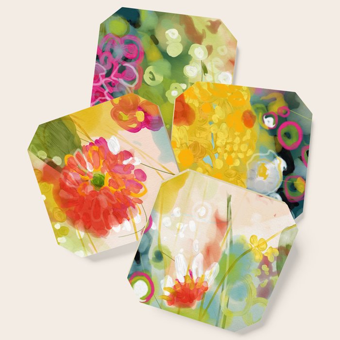 Abstract Floral Art In Yellow Green And Rose Magenta Colors Coaster