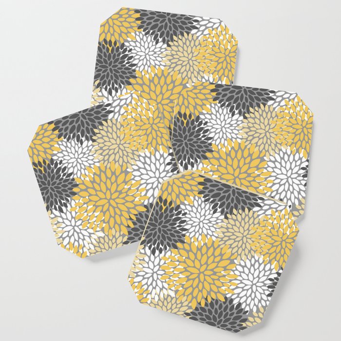 Modern Elegant Chic Floral Pattern, Soft Yellow, Gray, White Coaster