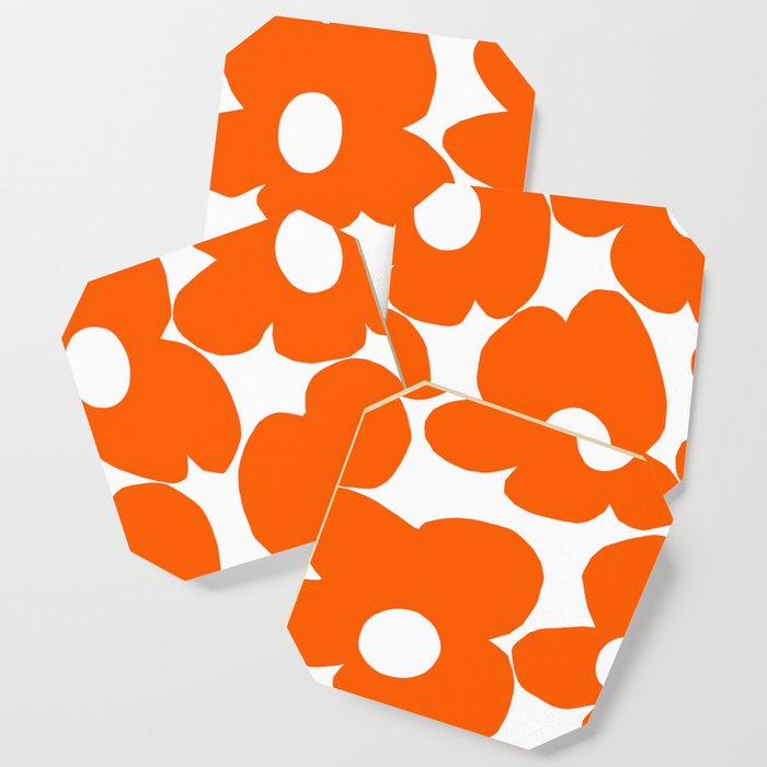 Orange Retro Flowers White Background #Decor #Homestorie #Buyart Coaster