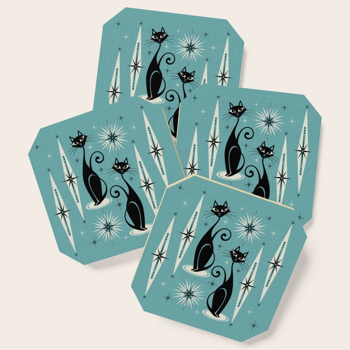 Mid Century Meow Retro Atomic Cats On Blue Coaster