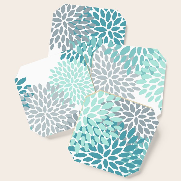 Floral Pattern, Aqua, Teal, Turquoise And Gray Coaster