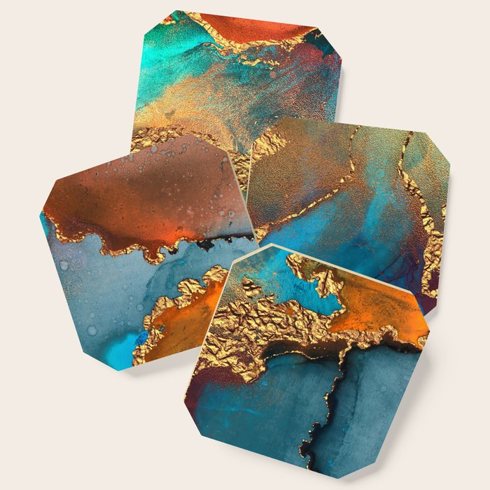 Abstract Blue And Gold Autumn Marble Coaster
