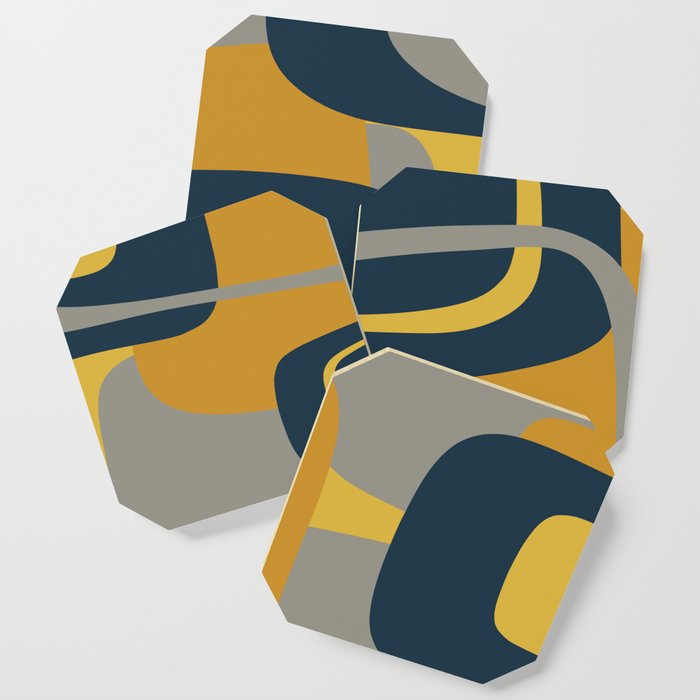 Midcentury Modern Abstract 2 In Mustard, Navy Blue, And Gray Coaster