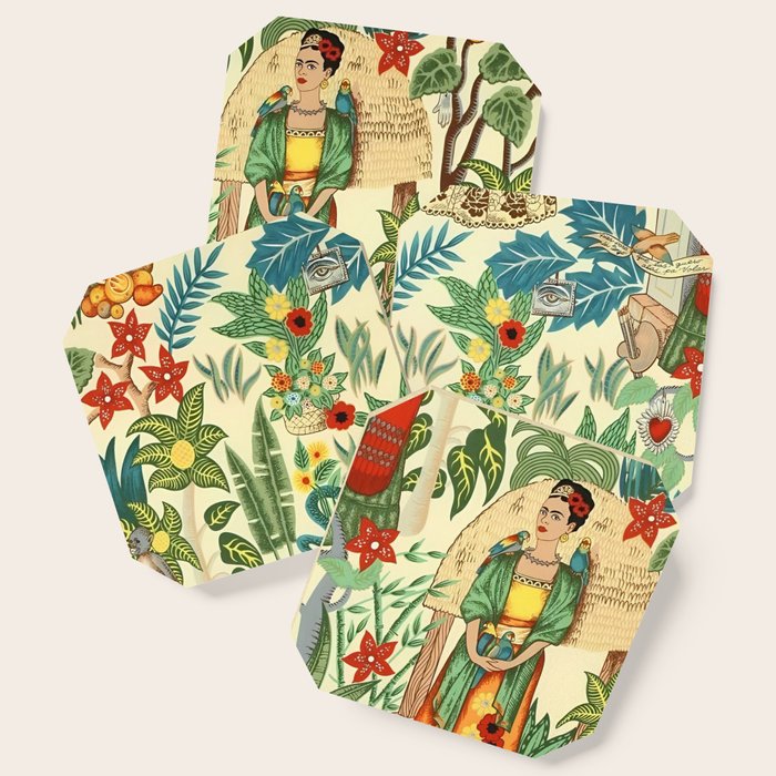 Frida'S Coyoacã¡N Mexican Garden Of Casa Azul Lush Tropical  Floral Painting Coaster