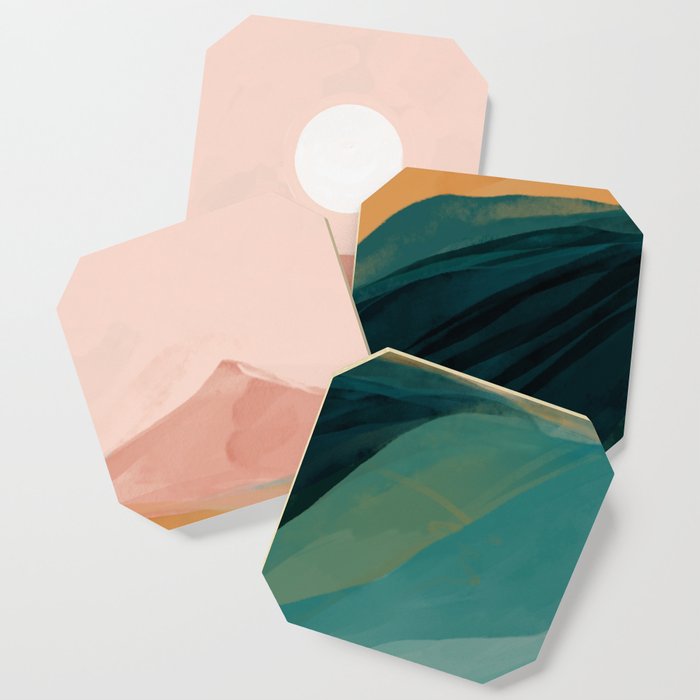 Pink, Green, Gold Moon Watercolor Mountains Coaster