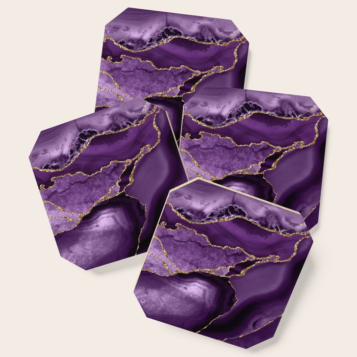 Glamour Purple Bohemian Watercolor Marble With Glitter Veins Coaster