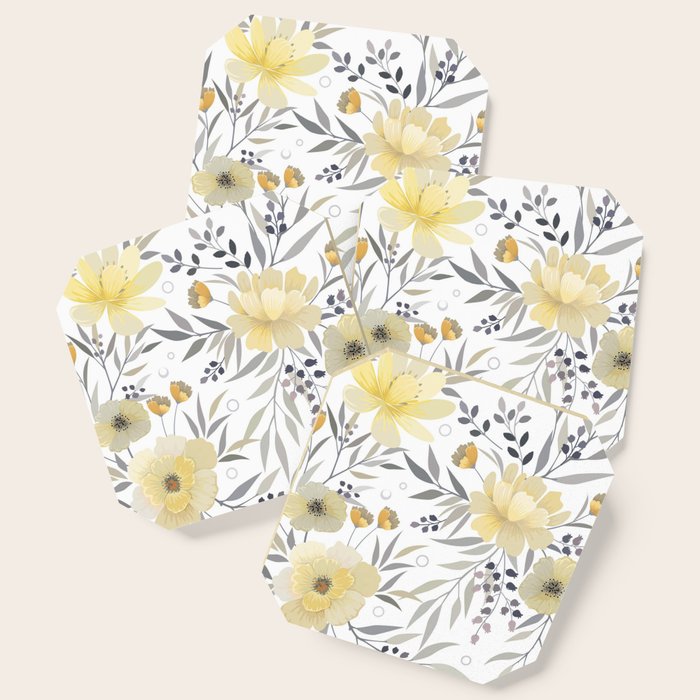 Modern, Floral Prints, Yellow, Gray And White Coaster