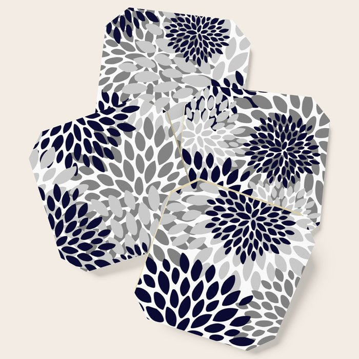 Abstract, Floral Prints, Navy Blue And Grey Coaster
