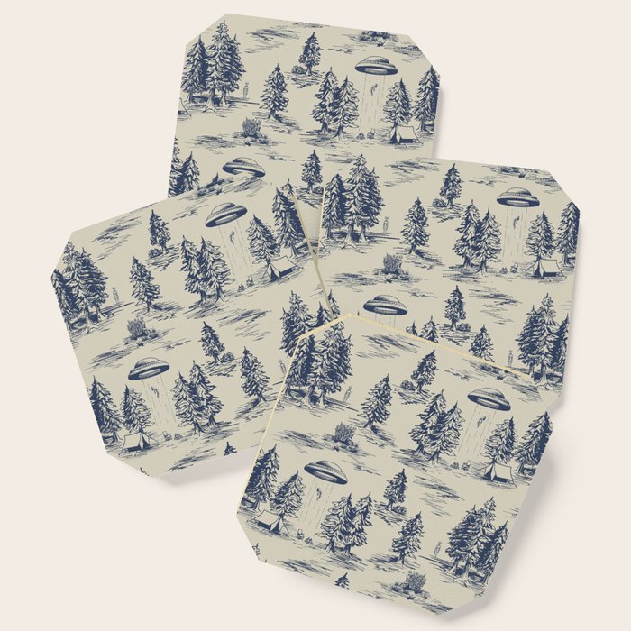 Alien Abduction Toile De Jouy Pattern In Blue Coaster