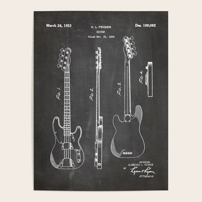 Bass Guitar Patent - Bass Guitarist Art - Black Chalkboard Poster