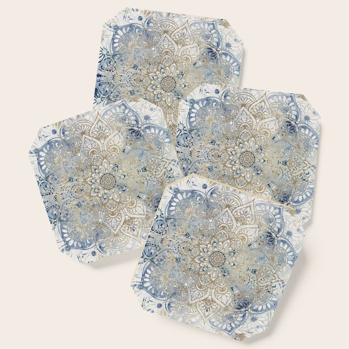 Mandala Flower, Blue And Gold, Floral Prints Coaster