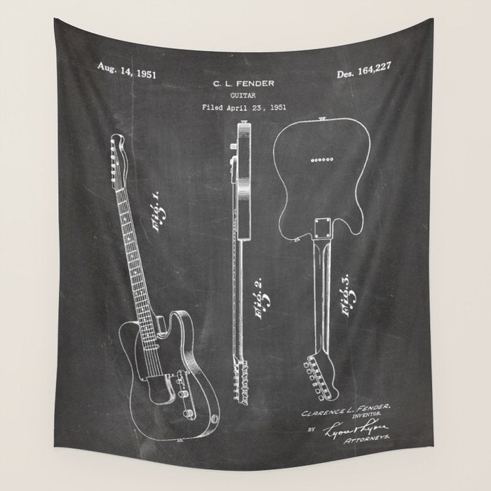 Electric Guitar Patent - Guitar Player Art - Black Chalkboard Wall Tapestry