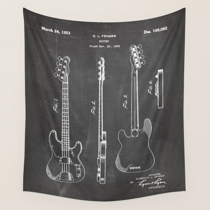 Bass Guitar Patent - Bass Guitarist Art - Black Chalkboard Wall Tapestry