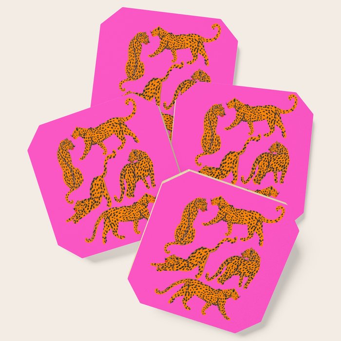Abstract Leopard With Red Lips Illustration In Fuchsia Background  Coaster