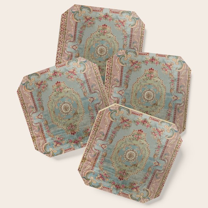 Antique French Rose Blue Aubusson  Coaster