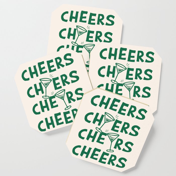 Cheers. Cocktails And Drinks In Green And Linen White Coaster