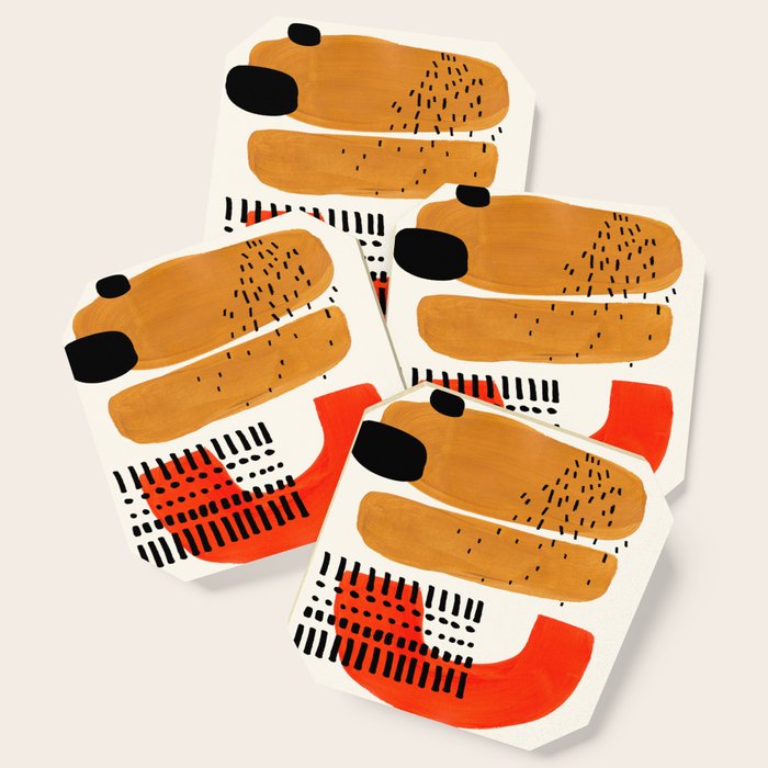 Mid Century Modern Abstract Minimalist Retro Vintage Style Fun Playful Ochre Yellow Ochre Orange  Coaster