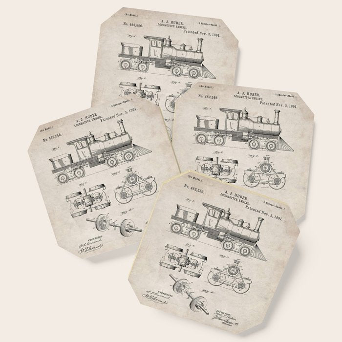 Train Locomotive Patent - Steam Train Art - Antique Coaster