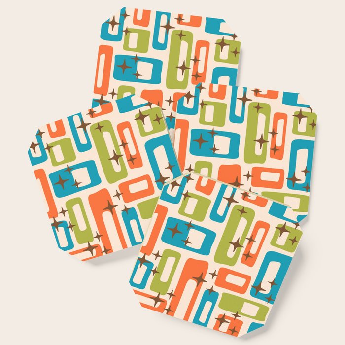 Retro Mid Century Modern Abstract Pattern 921 Googie Orange Chartreuse Turquoise Coaster