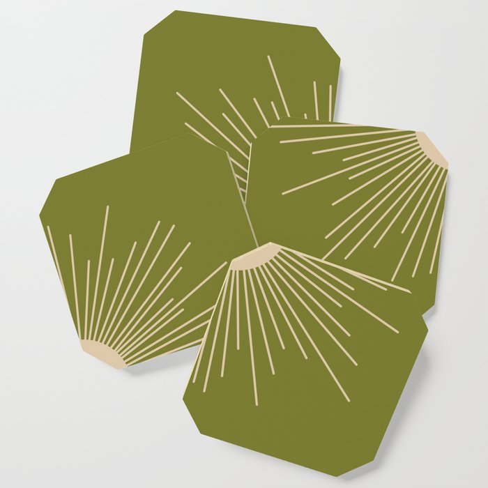 Mid-Century Modern Sunburst - Minimalist Sun In Mid Mod Beige And Olive Green Coaster