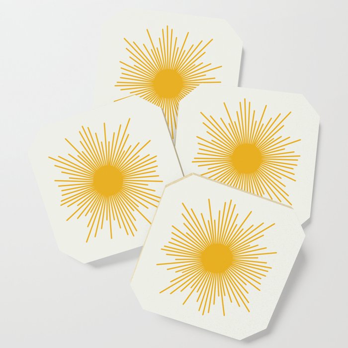 Mustard Yellow Retro Sun On Off White Coaster