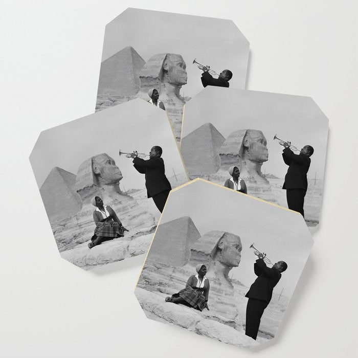 Louis Armstrong At The Spinx And Egyptian Pyrimids Vintage Black And White Photography / Photographs Coaster