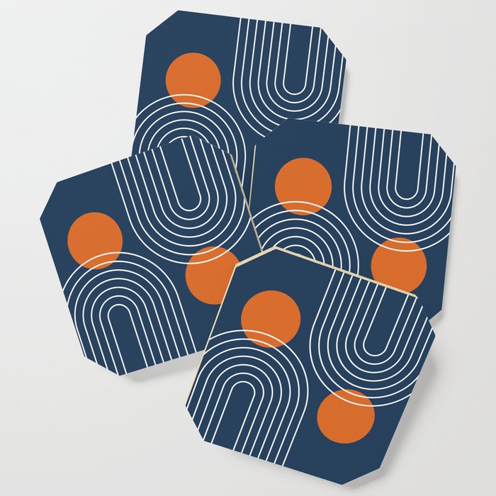 Mid Century Modern Geometric 83 In Navy Blue And Orange (Rainbow And Sun Abstraction) Coaster