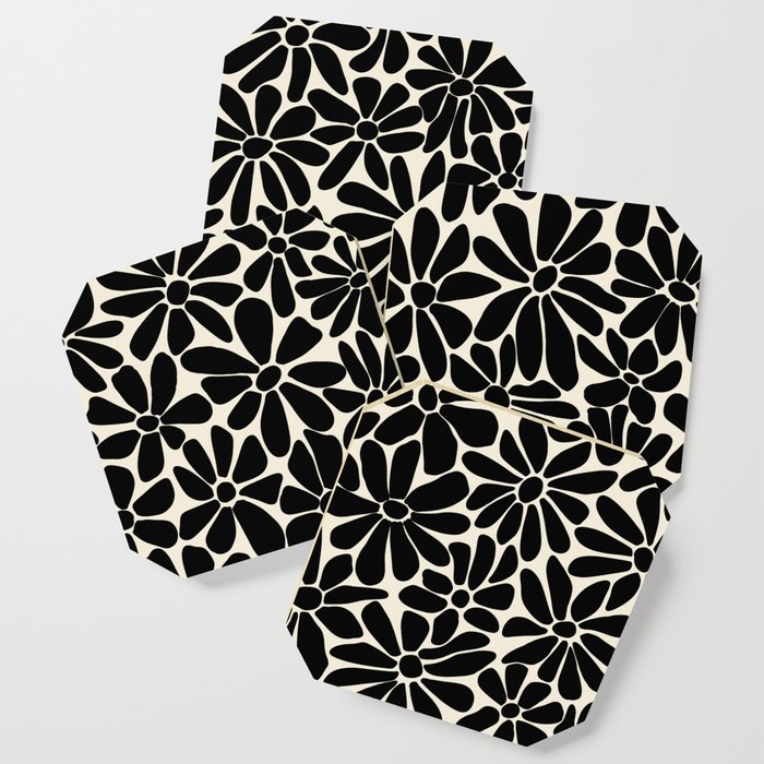 Black And White Retro Floral Art Print  Coaster