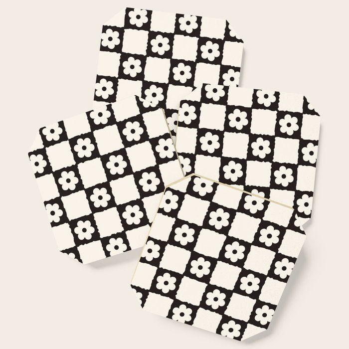 Retro Flower Checker In Black&White Coaster