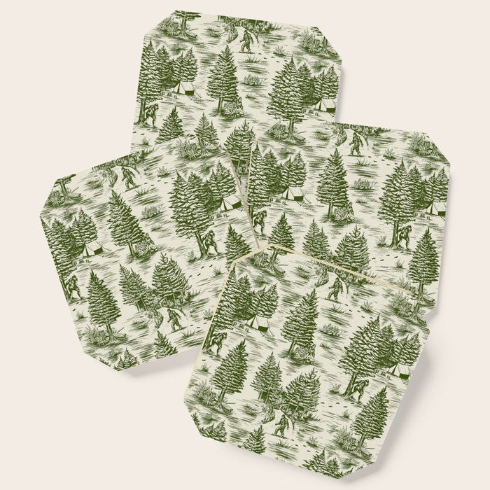 Bigfoot / Sasquatch Toile De Jouy In Forest Green Coaster