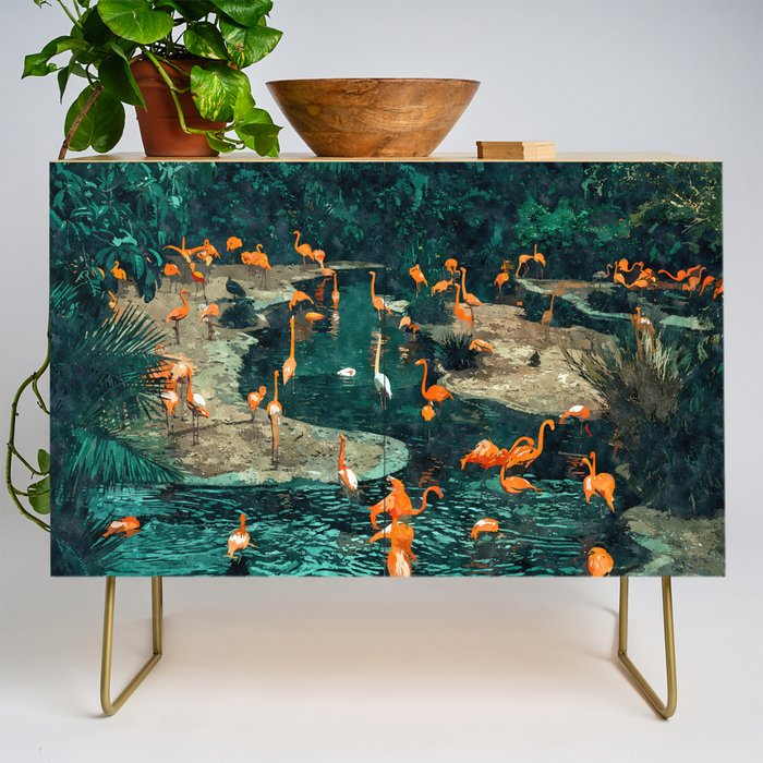 Flamingo Creek #Flamingo #Tropical #Illustration Credenza