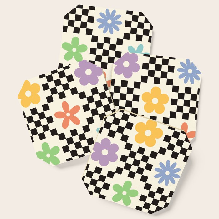 Retro Colorful Flower Double Checker Coaster
