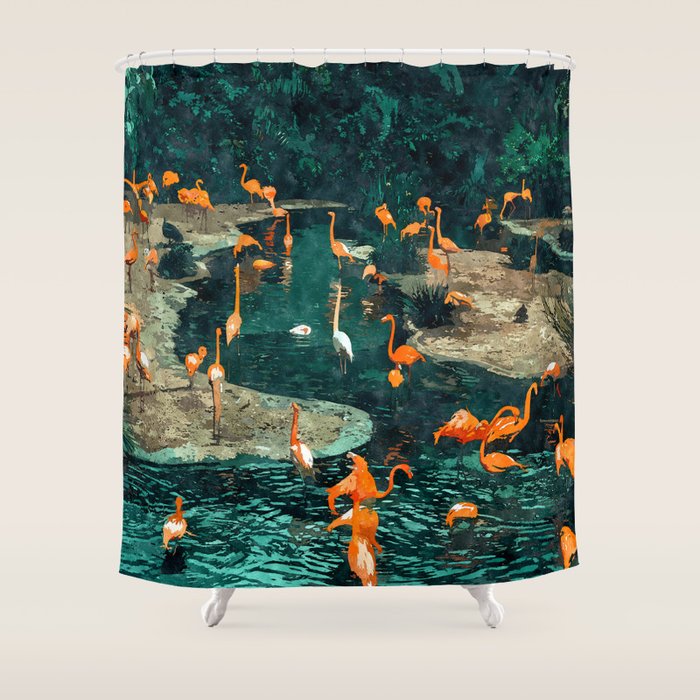 Flamingo Creek #Flamingo #Tropical #Illustration Shower Curtain