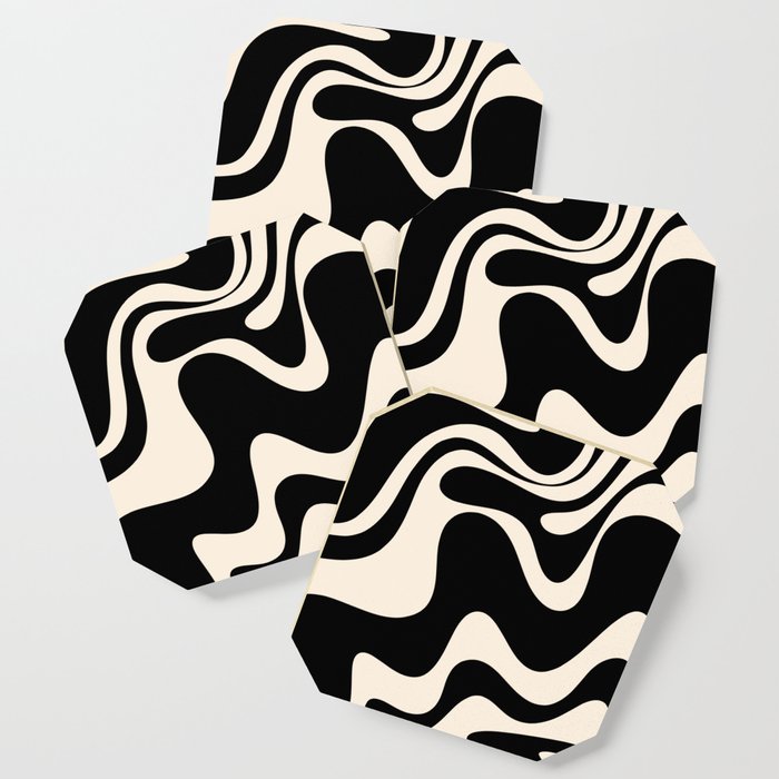 Retro Liquid Swirl Abstract In Black And Almond Cream 2 Coaster
